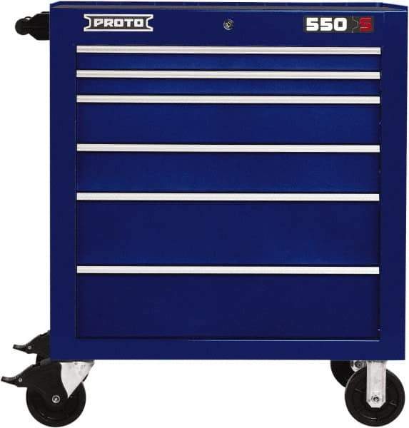 Proto - 6 Drawer Steel Tool Roller Cabinet - 34" Wide x 41" High x 25-1/4" Deep, Ball Bearing Drawer Slides, Blue - USA Tool & Supply