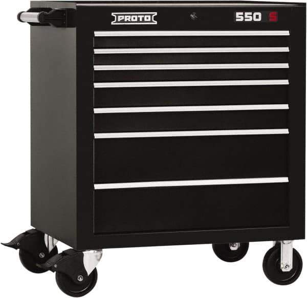 Proto - 7 Drawer Steel Tool Roller Cabinet - 34" Wide x 41" High x 25-1/4" Deep, Ball Bearing Drawer Slides, Black - USA Tool & Supply