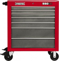 Proto - 7 Drawer Steel Tool Roller Cabinet - 34" Wide x 41" High x 25-1/4" Deep, Ball Bearing Drawer Slides, Safety Red/Gray - USA Tool & Supply