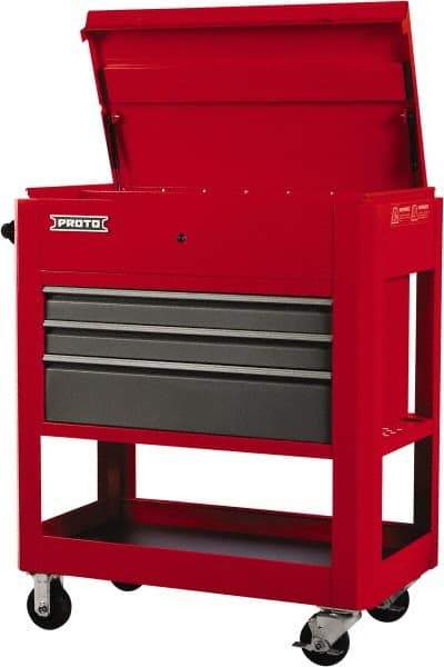 Proto - 23" Wide x 46" High x 30" Deep, 3 Drawer Tool Cart - 3,600 Lb Capacity, Steel, Safety Red/Gray - USA Tool & Supply