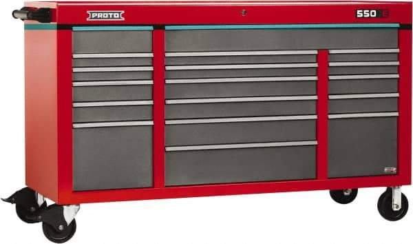 Proto - 30,144 Lb Capacity, 18 Drawer Mobile Power Workstation - 67" Wide x 25-1/4" Deep x 41" High, Steel, Safety Red & Gray - USA Tool & Supply