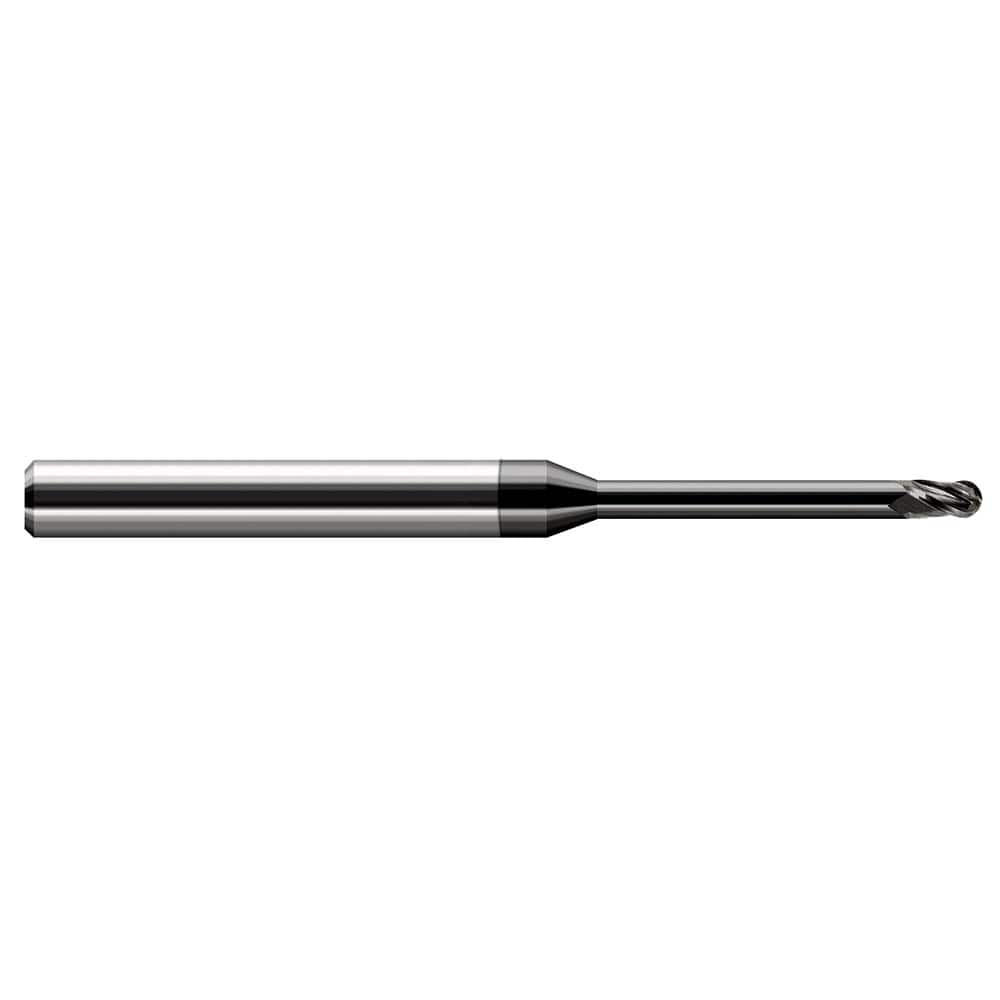 Ball End Mill: 0.01″ Dia, 0.015″ LOC, 3 Flute, Solid Carbide 2-1/2″ OAL, 1/8″ Shank Dia, 30 ° Helix, Amorphous Diamond Coated, Single End