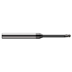 Ball End Mill: 0.03″ Dia, 0.045″ LOC, 3 Flute, Solid Carbide 2-1/2″ OAL, 1/8″ Shank Dia, 30 ° Helix, Amorphous Diamond Coated