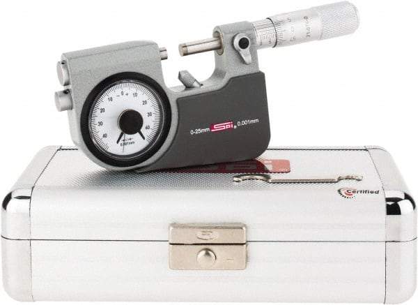 SPI - 0 to 25mm Range, 0.001mm Graduation, Mechanical Indicating Micrometer - Accurate to 0.002mm, Carbide Measuring Face - USA Tool & Supply