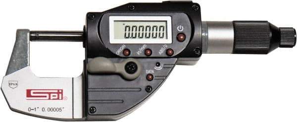 SPI - 0 to 1" Range, 0.00005" Resolution, IP65 Electronic Outside Micrometer - 0.00015" Accuracy, CR2032 Battery - USA Tool & Supply