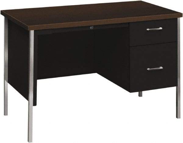 Hon - Woodgrain Laminate Right Pedestal Desk with Center Drawer - 45-1/4" Wide x 24" Deep x 29-1/2" High, Mocha/Black - USA Tool & Supply