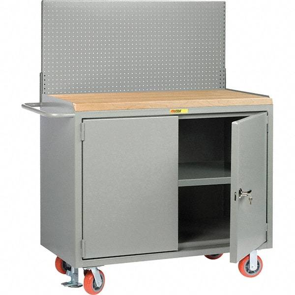 Little Giant - 3,600 Lb Capacity, 3 Shelf, 2 Door Mobile Bench Cabinet with Pegboard Panel - 41" Wide x 24" Deep x 43" High, Steel, Gray - USA Tool & Supply