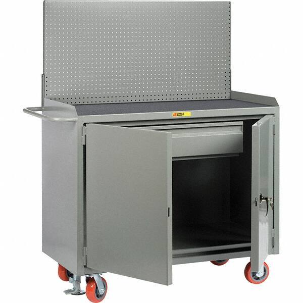 Little Giant - 3,600 Lb Capacity, 2 Shelf, 1 Drawer, 2 Door Mobile Bench Cabinet with Pegboard Panel - 53" Wide x 24" Deep x 43" High, Steel, Gray - USA Tool & Supply
