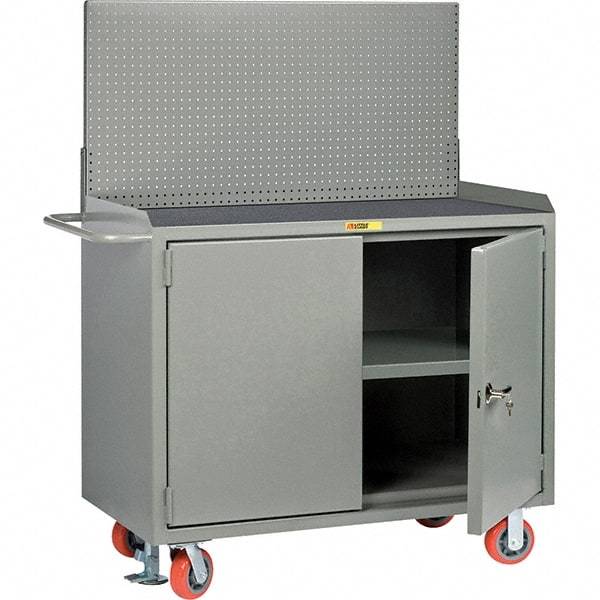 Little Giant - 3,600 Lb Capacity, 3 Shelf, 2 Door Mobile Bench Cabinet with Pegboard Panel - 41" Wide x 24" Deep x 43" High, Steel, Gray - USA Tool & Supply
