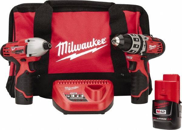 Milwaukee Tool - 12 Volt Cordless Tool Combination Kit - Includes 1/4" Hex Impact Driver & 3/8" Hammer Drill, Lithium-Ion Battery Included - USA Tool & Supply