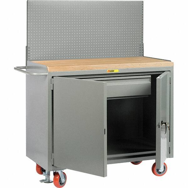 Little Giant - 3,600 Lb Capacity, 2 Shelf, 1 Drawer, 2 Door Mobile Bench Cabinet with Pegboard Panel - 41" Wide x 24" Deep x 43" High, Steel, Gray - USA Tool & Supply