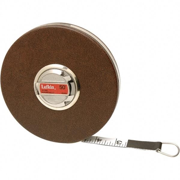 Lufkin - 50' x 5/8" White Fiberglass Blade Tape Measure - 1, 1/10 & 1/100" Graduation, Inch Graduation Style, Brown Vinyl Clad Steel Case - USA Tool & Supply