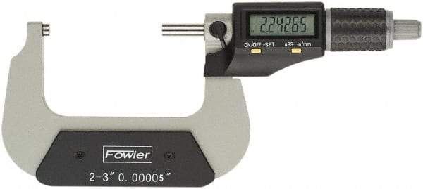 Fowler - 2 to 3" Range, 0.00005" Resolution, Standard Throat IP54 Electronic Outside Micrometer - 0.0002" Accuracy, Ratchet Stop Thimble, Carbide Face, CR2032 Battery - USA Tool & Supply
