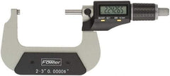 Fowler - 2 to 3" Range, 0.00005" Resolution, Standard Throat IP54 Electronic Outside Micrometer - 0.0002" Accuracy, Ratchet Stop Thimble, Carbide Face, CR2032 Battery - USA Tool & Supply