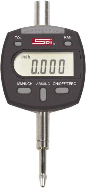 SPI - 0 to 1/2" Range, 0.00005" Graduation, Electronic Drop Indicator - Flat & Lug Back, Accurate to 0.00016", Inch & Metric System, Digital Display - USA Tool & Supply