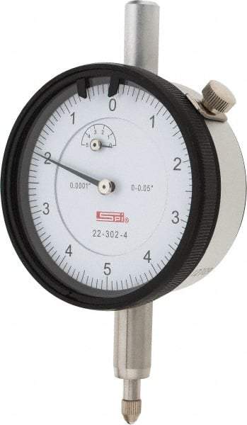 SPI - 0.05" Range, 0-5-0 Dial Reading, 0.0001" Graduation Dial Drop Indicator - 2.2" Dial, 0.01" Range per Revolution, 0.0007" Accuracy, Revolution Counter, Includes NIST Traceability Certification - USA Tool & Supply