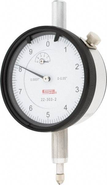 SPI - 0.05" Range, 0-10 Dial Reading, 0.0001" Graduation Dial Drop Indicator - 2.2" Dial, 0.01" Range per Revolution, 0.0007" Accuracy, Revolution Counter, Includes NIST Traceability Certification - USA Tool & Supply