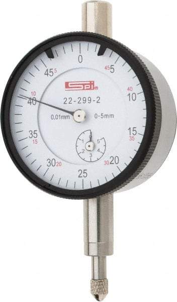 SPI - 5mm Range, 0-50 Dial Reading, 0.01mm Graduation Dial Drop Indicator - 42mm Dial, 0.5mm Range per Revolution, 0.016mm Accuracy, Includes NIST Traceability Certification - USA Tool & Supply