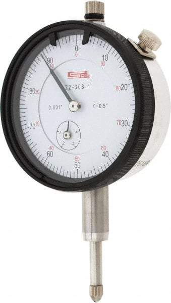 SPI - 1/2" Range, 0-100 Dial Reading, 0.001" Graduation Dial Drop Indicator - 2.2" Dial, 0.1" Range per Revolution, 0.002" Accuracy, Revolution Counter, Includes NIST Traceability Certification - USA Tool & Supply