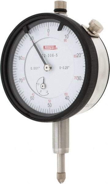 SPI - 1/4" Range, 0-100 Dial Reading, 0.001" Graduation Dial Drop Indicator - 2.2" Dial, 0.1" Range per Revolution, 0.002" Accuracy, Revolution Counter, Includes NIST Traceability Certification - USA Tool & Supply