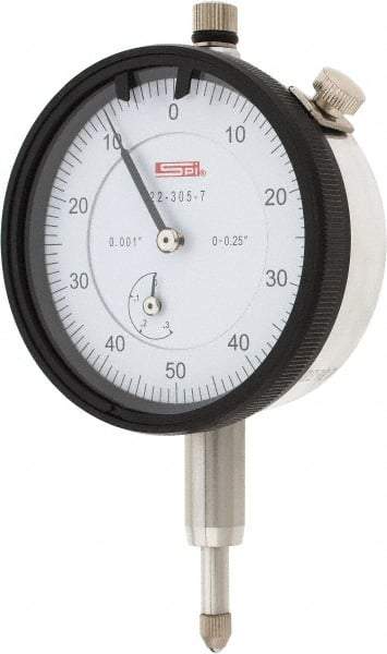 SPI - 1/4" Range, 0-50-0 Dial Reading, 0.001" Graduation Dial Drop Indicator - 2.2" Dial, 0.1" Range per Revolution, 0.002" Accuracy, Revolution Counter - USA Tool & Supply