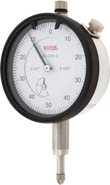 SPI - 1/4" Range, 0-50-0 Dial Reading, 0.001" Graduation Dial Drop Indicator - 2.2" Dial, 0.1" Range per Revolution, 0.002" Accuracy, Revolution Counter, Includes NIST Traceability Certification - USA Tool & Supply