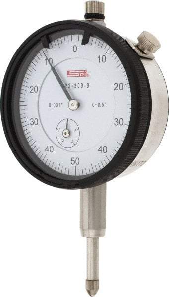 SPI - 1/2" Range, 0-50-0 Dial Reading, 0.001" Graduation Dial Drop Indicator - 2.2" Dial, 0.1" Range per Revolution, 0.002" Accuracy, Revolution Counter, Includes NIST Traceability Certification - USA Tool & Supply