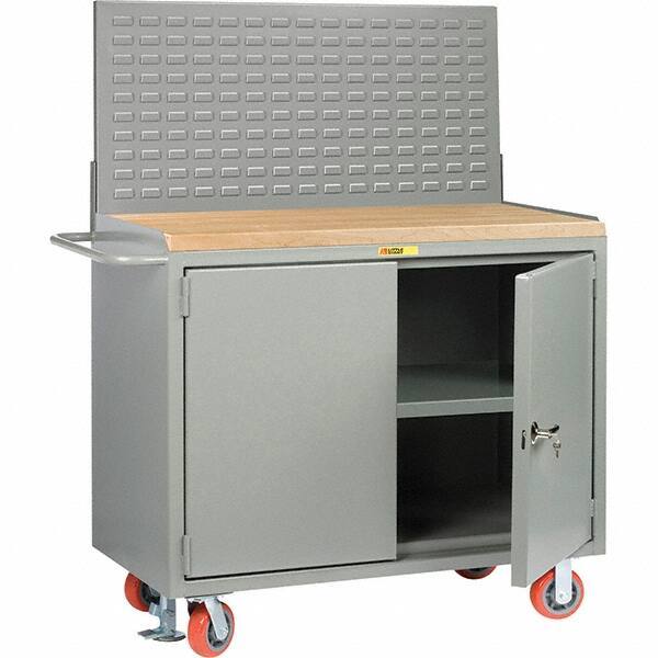 Little Giant - 3,600 Lb Capacity, 3 Shelf, 2 Door Mobile Bench Cabinet with Louvered Panel - 41" Wide x 24" Deep x 43" High, Steel, Gray - USA Tool & Supply