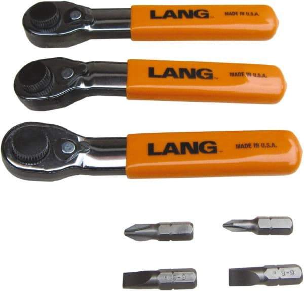 Lang - 7 Piece, Silver/Orange/Black Ratcheting Bit Driver Set - For Use with Various Applications - USA Tool & Supply