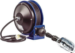 CoxReels - 16 AWG, 30' Cable Length, Cord & Cable Reel with Incandescent Hand Lamp with Tool Tap Plug End - 1 Outlet, NEMA 5-15R, 13 Amps, 115 Volts, SJTO Cable, Blue Reel, Spring Driven Reel - USA Tool & Supply