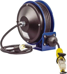CoxReels - 16 AWG, 30' Cable Length, Cord & Cable Reel with Fluorescent Angle Light with Tool Tap Plug End - 1 Outlet, NEMA 5-15R, 13 Amps, 115 Volts, SJTO Cable, Blue Reel, Spring Driven Reel - USA Tool & Supply
