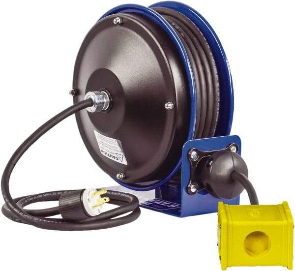 CoxReels - 12 AWG, 30' Cable Length, Cord & Cable Reel with Quad Outlet End - 4 Outlets, NEMA 5-20R, 20 Amps, 115 Volts, SJO Cable, Blue Reel, Spring Driven Reel - USA Tool & Supply