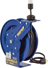 CoxReels - 16 AWG, 50' Cable Length, Cord & Cable Reel with Outlet End - 1 Outlet, NEMA 5-15R, 13 Amps, 115 Volts, SJO Cable, Blue Reel, Spring Driven Reel - USA Tool & Supply