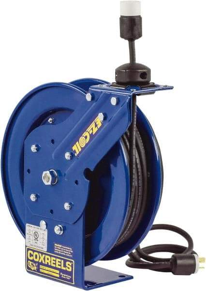 CoxReels - 16 AWG, 50' Cable Length, Cord & Cable Reel with Fluorescent Angle Light with Tool Tap Plug End - 1 Outlet, 13 Amps, 115 Volts, SJTO Cable, Blue Reel, Spring Driven Reel - USA Tool & Supply