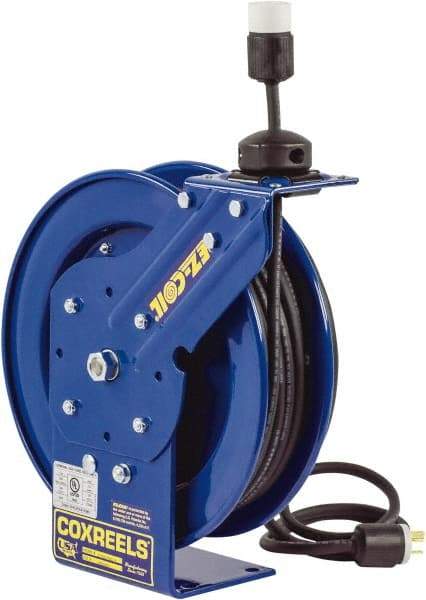 CoxReels - 16 AWG, 50' Cable Length, Cord & Cable Reel with Incandescent Hand Lamp with Tool Tap Plug End - 1 Outlet, 13 Amps, 115 Volts, SJTO Cable, Blue Reel, Spring Driven Reel - USA Tool & Supply