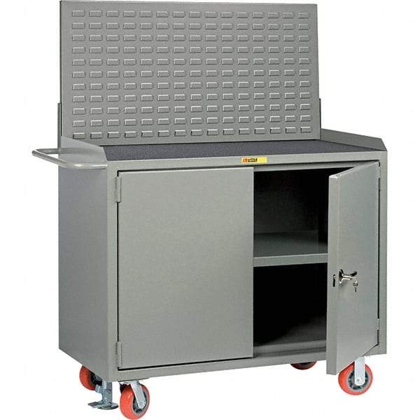Little Giant - 3,600 Lb Capacity, 3 Shelf, 2 Door Mobile Bench Cabinet with Louvered Panel - 41" Wide x 24" Deep x 43" High, Steel, Gray - USA Tool & Supply