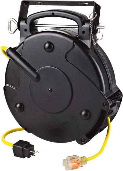 Value Collection - 12 AWG, 45' Cable Length, Cord & Cable Reel with Single Nema 5-20 End - 1 Outlet, NEMA 5-20R, 20 Amps, 120 Volts, SJTOW Cable, Black Reel, Spring Driven Reel - USA Tool & Supply