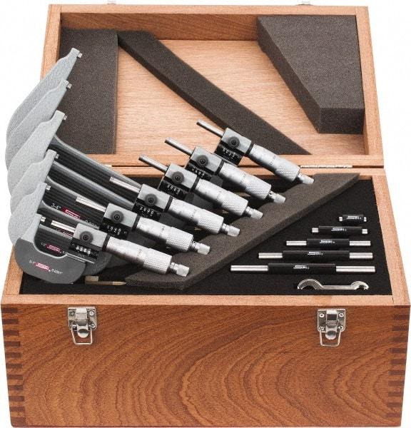 SPI - 0 to 6" Range, 6 Piece Mechanical Outside Micrometer Set - 0.0001" Graduation, 0.0001, 0.0002" Accuracy, Ratchet Stop Thimble, Carbide Face - USA Tool & Supply