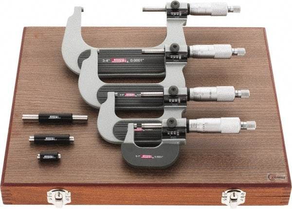 SPI - 0 to 4" Range, 4 Piece Mechanical Outside Micrometer Set - 0.0001" Graduation, 0.0001, 0.0002" Accuracy, Ratchet Stop Thimble, Carbide Face - USA Tool & Supply
