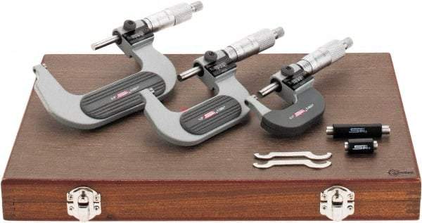SPI - 0 to 3" Range, 3 Piece Mechanical Outside Micrometer Set - 0.0001" Graduation, 0.0001, 0.0002" Accuracy, Ratchet Stop Thimble, Carbide Face - USA Tool & Supply