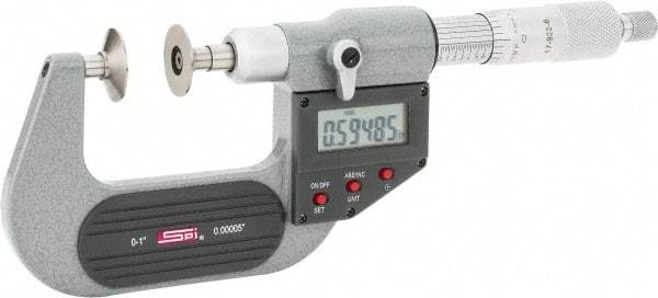 SPI - 0 to 1", IP54, Ratchet Stop Thimble, Electronic Disc Micrometer - 0.0001" Accuracy, 0.79" Disc, 0.00005" Resolution, 0.31" Spindle Diam, Steel Face, NIST Traceability Certification Included - USA Tool & Supply