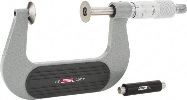 SPI - 2 to 3", Ratchet Stop Thimble, Mechanical Disc Micrometer - 0.0002" Accuracy, 0.79" Disc, 0.0001" Resolution, 0.31" Spindle Diam, Steel Face, NIST Traceability Certification Included - USA Tool & Supply
