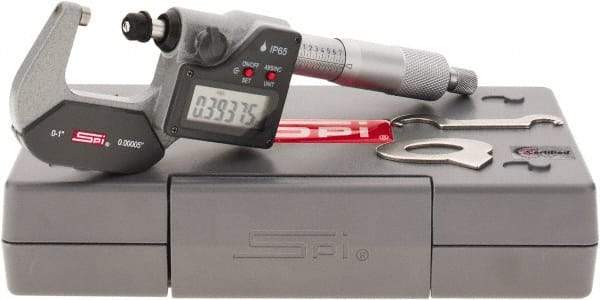SPI - 0 to 1" Range, 0.00005" Resolution, Standard Throat IP65 Electronic Outside Micrometer - 0.0001" Accuracy, Ratchet Stop Thimble, Carbide Face, LR44 Battery, Includes NIST Traceable Certification of Inspection - USA Tool & Supply