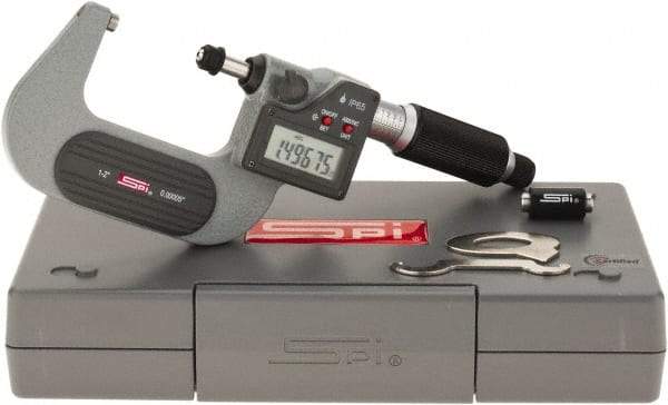 SPI - 1 to 2" Range, 0.00005" Resolution, Standard Throat IP65 Electronic Outside Micrometer - 0.0002" Accuracy, Ratchet Stop Thimble, Carbide Face, LR44 Battery, Includes NIST Traceable Certification of Inspection - USA Tool & Supply