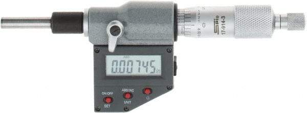 SPI - 0 to 25mm Range, 6.5mm Spindle Diameter, 28.5mm Spindle Length, 160mm OAL, Electronic Micrometer Head - 0.00005" Resolution, 0.0001" Accuracy, Carbide Measuring Face, Data Output - USA Tool & Supply