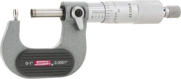 SPI - 0 to 1 Inch Range, 0.0001 Inch Graduation, B Anvil, Ratchet Stop Thimble, Mechanical Tube Micrometer - 0.0001 Inch Accuracy, Carbide Face - USA Tool & Supply