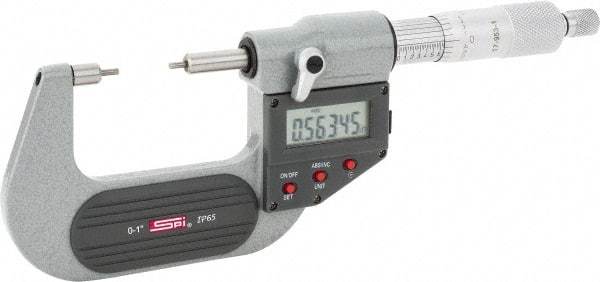 SPI - 0 to 1 Inch, 1.26 Inch Throat Depth, Electronic Spline Micrometer - 0.0001 Inch Accuracy, 0.00005 Inch Graduation, 0.25 Inch Spindle Diameter, 2mm Head Diameter, Ratchet Stop Thimble, Data Output - USA Tool & Supply