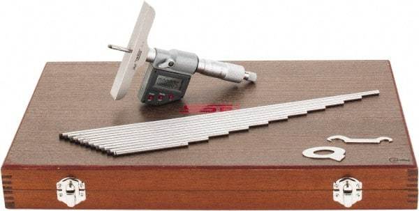 SPI - 0 to 300mm Range, 4" Base Length, 12 Rods, Ratchet Stop Thimble, Electronic Depth Micrometer - IP65, 0.00005" Resolution, Accurate to 0.007mm, 0.176" Rod Diam, LR44 Battery, Data Output - USA Tool & Supply