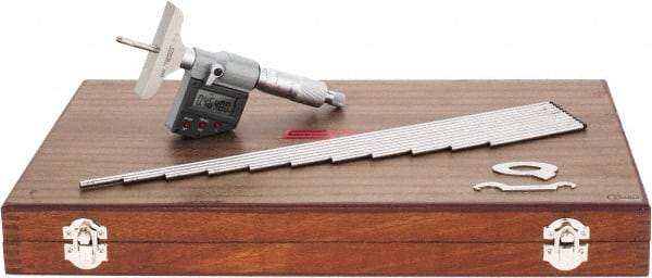 SPI - 0 to 300mm Range, 2-1/2" Base Length, 12 Rods, Ratchet Stop Thimble, Electronic Depth Micrometer - IP65, 0.00005" Resolution, Accurate to 0.007mm, 0.176" Rod Diam, LR44 Battery, Data Output - USA Tool & Supply