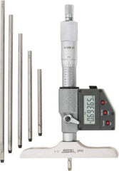 SPI - 0 to 150mm Range, 4" Base Length, 6 Rods, Ratchet Stop Thimble, Electronic Depth Micrometer - IP65, 0.00005" Resolution, Accurate to 0.005mm, 0.176" Rod Diam, LR44 Battery, Data Output - USA Tool & Supply